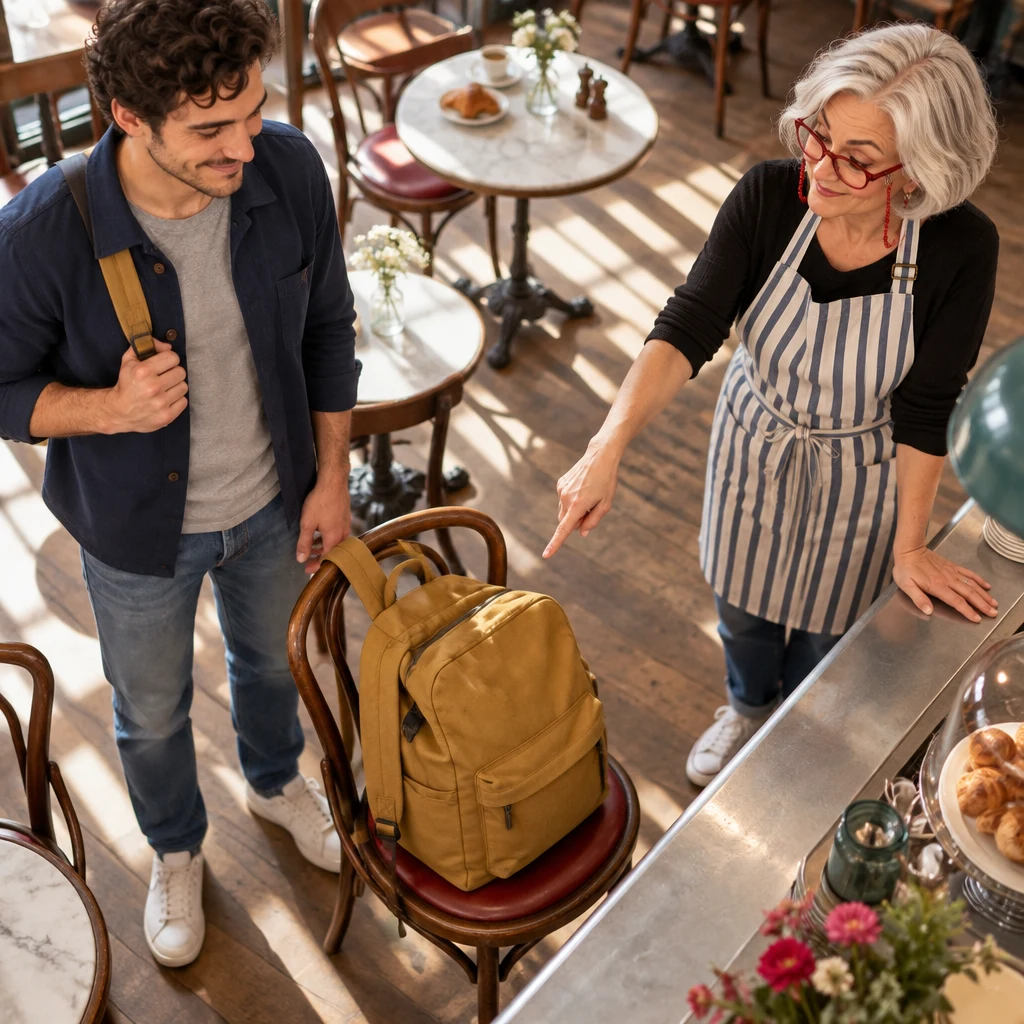 From above, a mustard backpack hangs bulky on a café chair as Odile points at it from the zinc and Sam stands beside the chair.