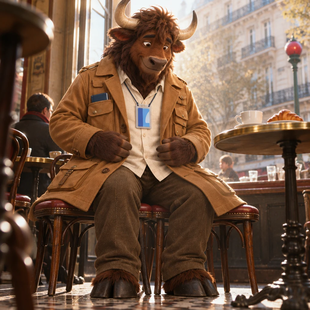 From below, Gaspard sits on two chairs by the window and smooths the coat so it sits well.