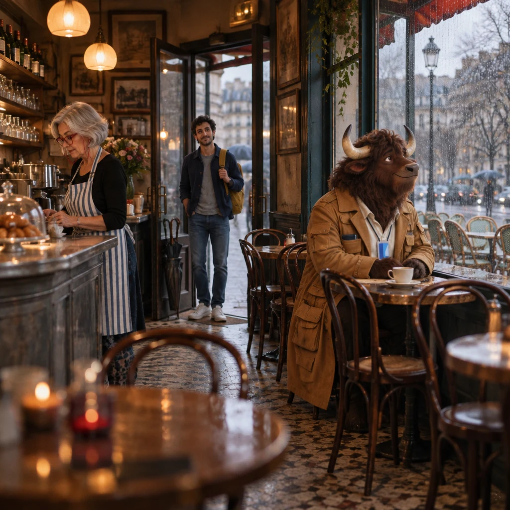 A wide rainy café interior with Sam just inside the door still wet, Odile at the zinc not looking up, and Gaspard on two chairs by the window staring at the sky.