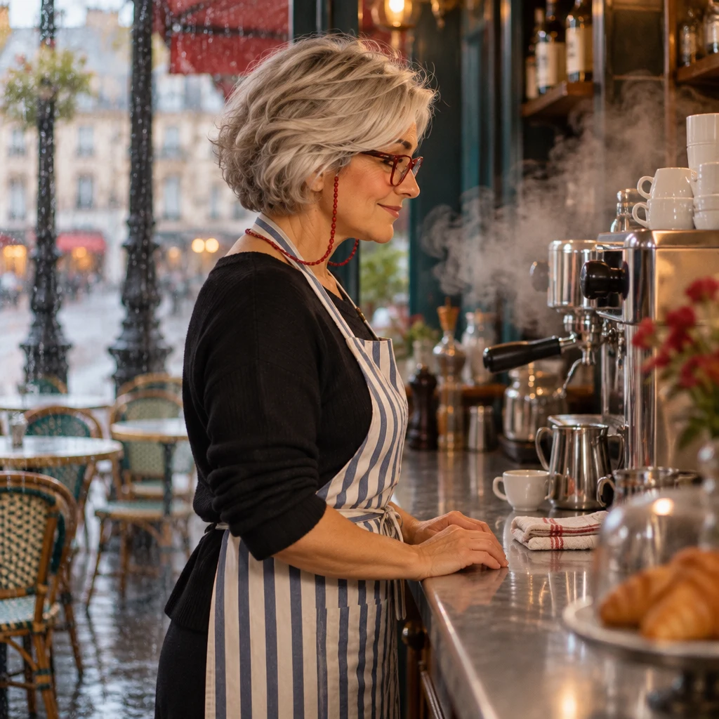 A profile of Odile at the zinc counter in the warm steamy café, not looking up, while rain streaks the window.