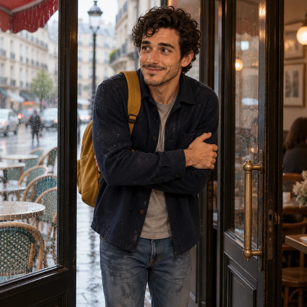 Sam entering the café still wet, hunched just inside the door and rubbing both arms against the chill.