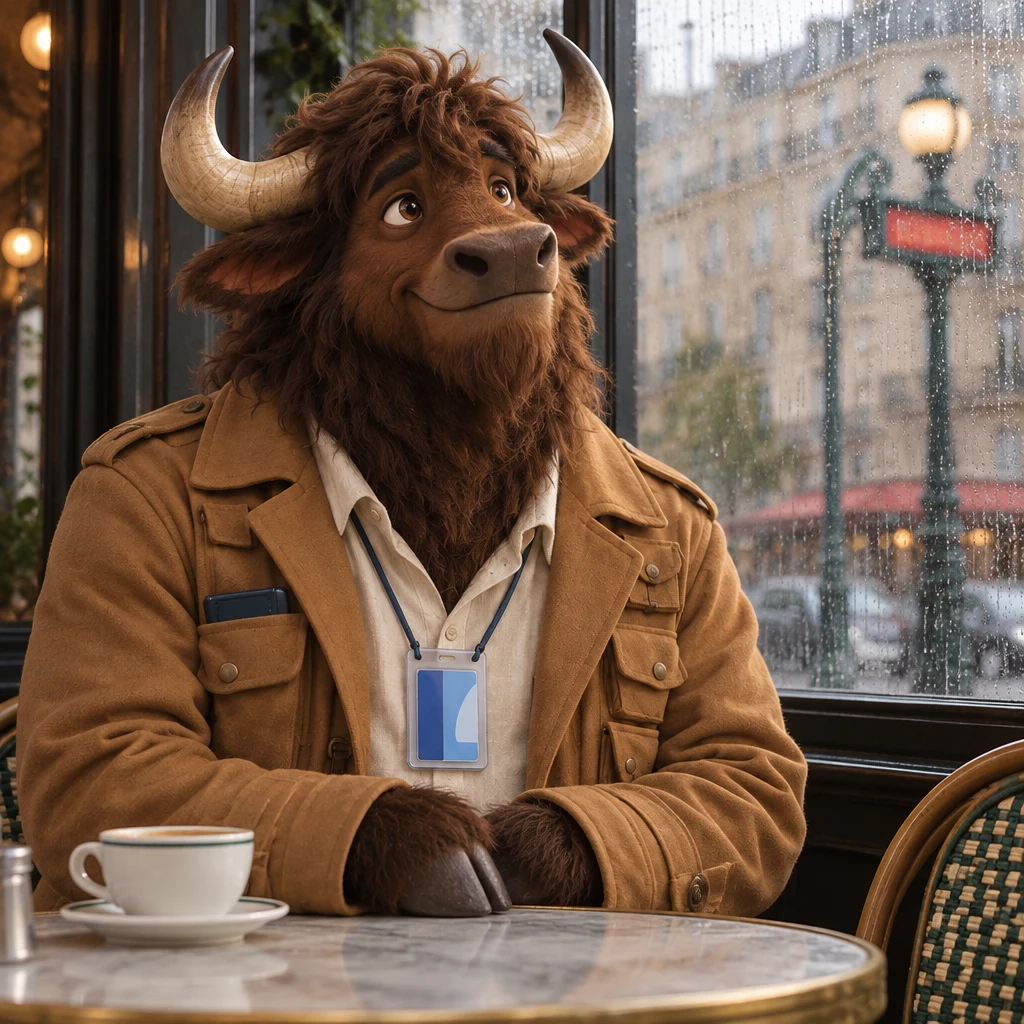 A close view of Gaspard on two chairs by the window, café crème untouched, looking up at the sky through wet glass and stopping.
