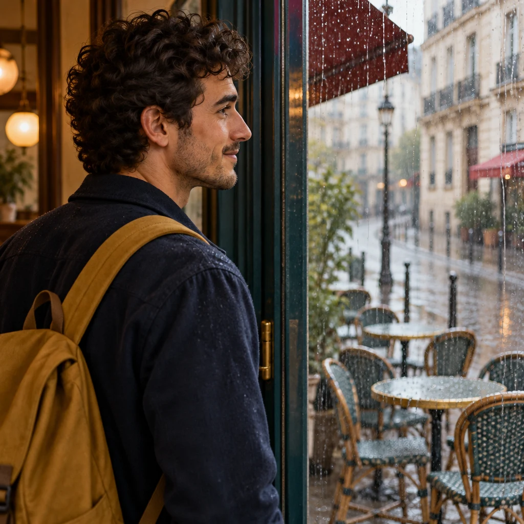 An over-the-shoulder view from behind Sam watching rain fall on the empty terrace chairs beyond the glass door.