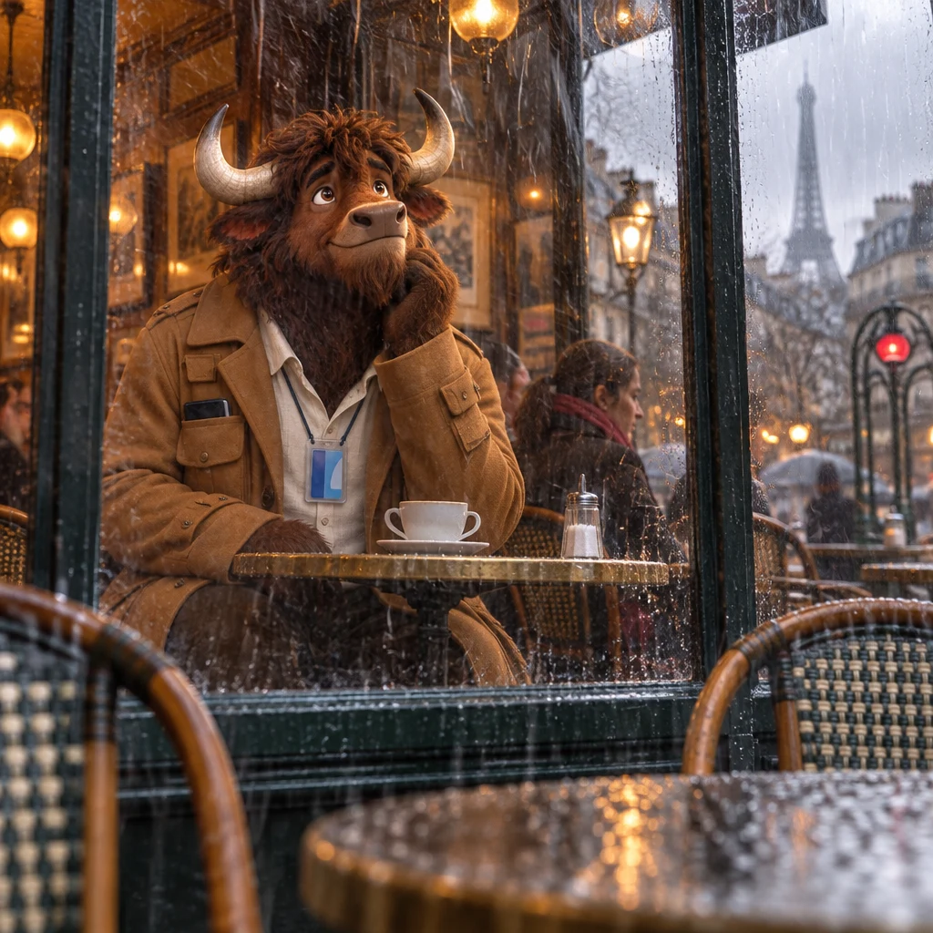 A low view from the windy terrace looking in at Gaspard on two chairs as rain is driven sideways against the window.