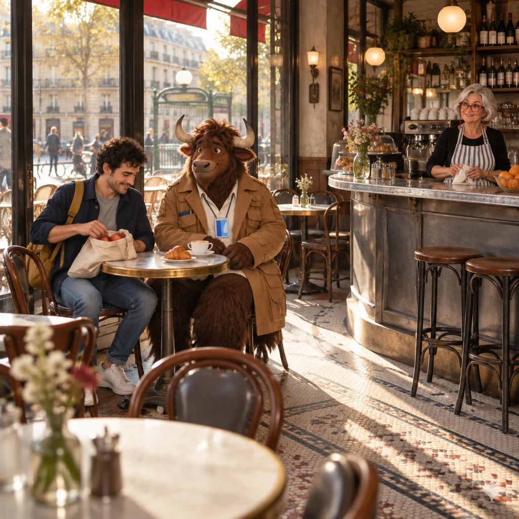 Wide morning view of the café with Sam sitting down beside Gaspard at the window table and Odile at the zinc counter.