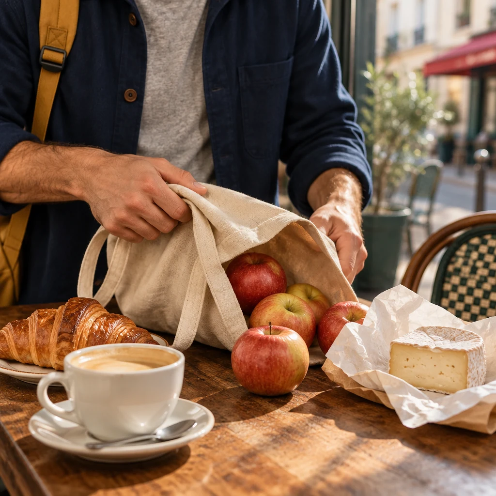 Sam tips apples and a paper-wrapped cheese from a market bag onto the café table.