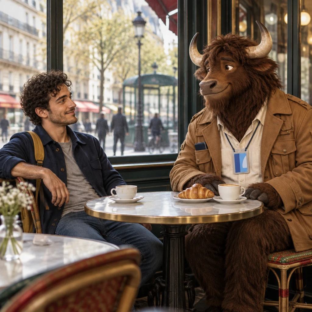 In profile, Sam sits back at the window table with an empty cup while Gaspard's breakfast stays untouched.