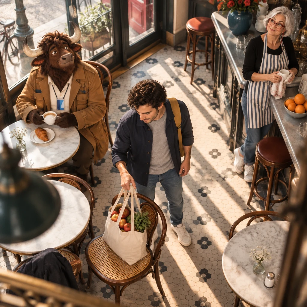 From above, Sam stands in the aisle and lowers a full market bag onto a chair.