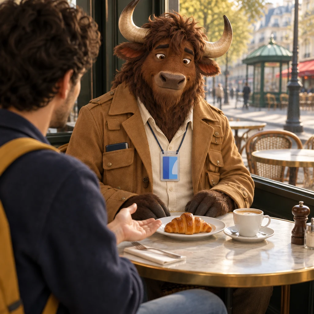 Over Sam's shoulder, Sam turns an open hand toward Gaspard and the untouched breakfast.