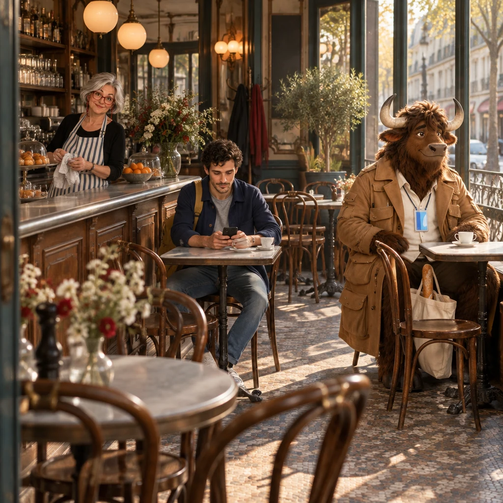 Wide afternoon interior of Café des Tilleuls with Sam small at a table over a black phone, Odile behind the zinc, and Gaspard on two chairs by the window.