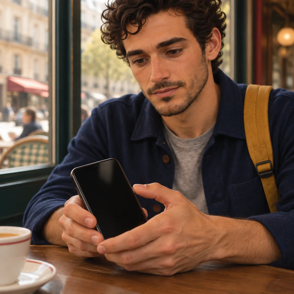 Close-up of Sam's hands cupping a completely black phone just above the café table.