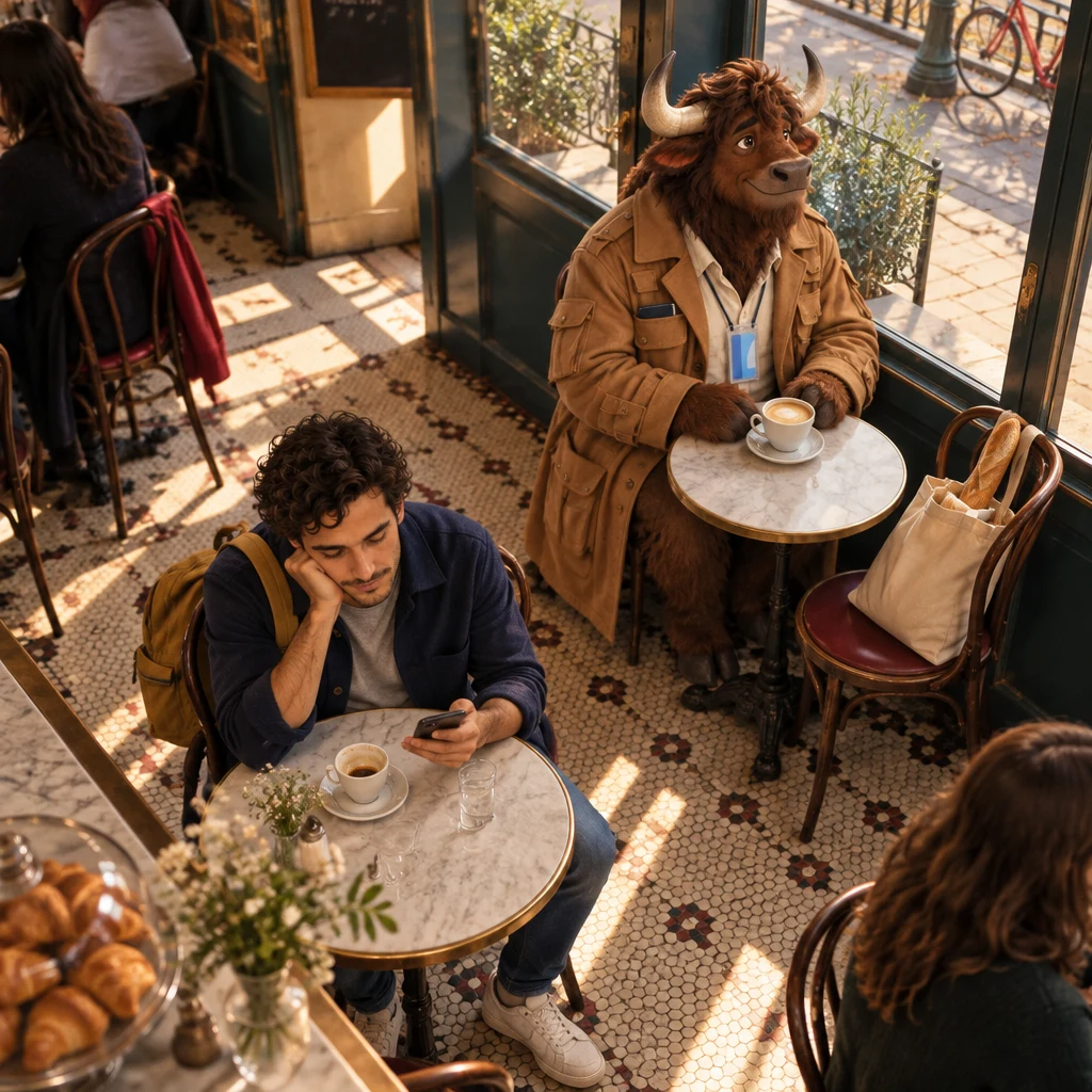 High view of Sam slumped at the usual table over a dim sluggish phone, with Gaspard on two chairs by the window behind.