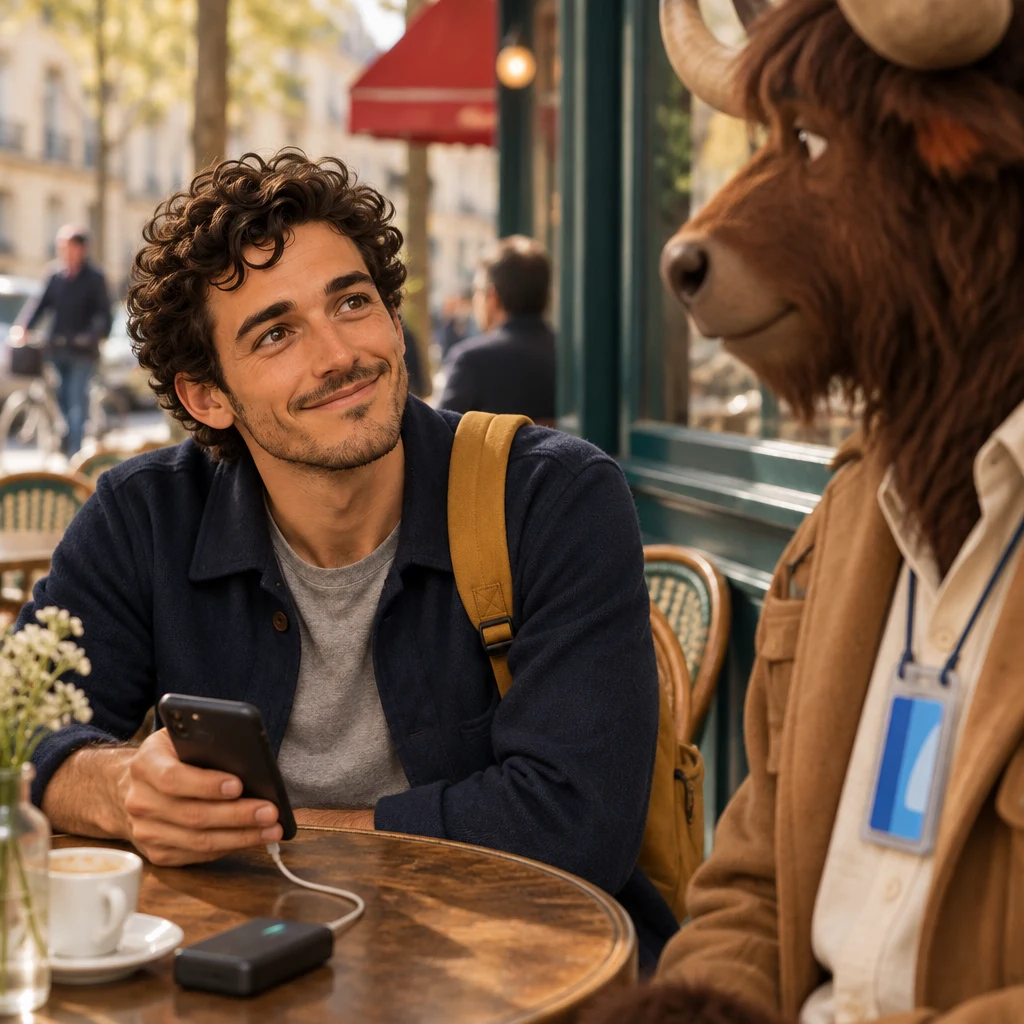 Close view of Sam sitting back and nodding as a power bank from Gaspard brings the phone back to life.