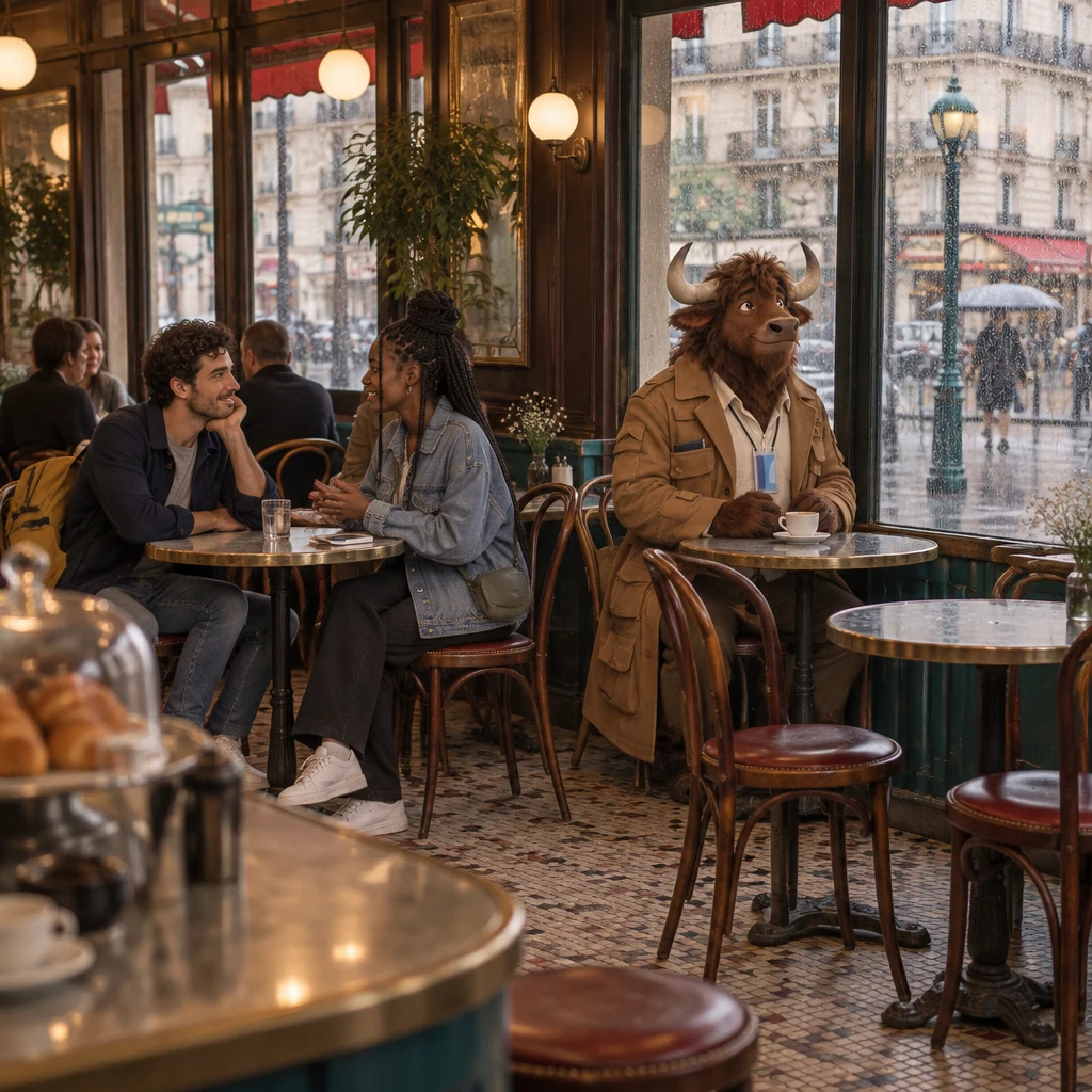 A wide café interior with Sam and Inès at a zinc table over a phone, Gaspard on a pair of chairs at the next table, and an empty table by the window.