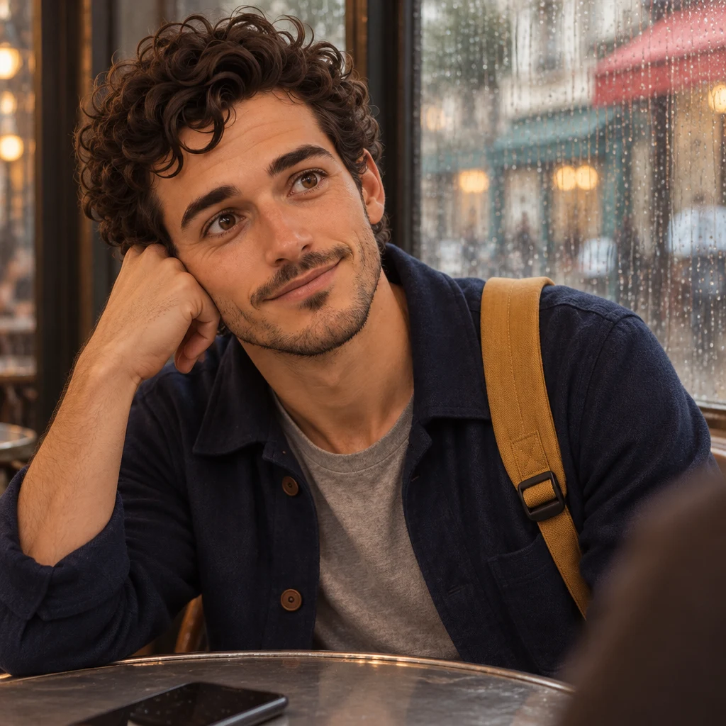 A close-up of Sam at the café table, head tilted in a question, with a phone on the zinc and rain on the window.