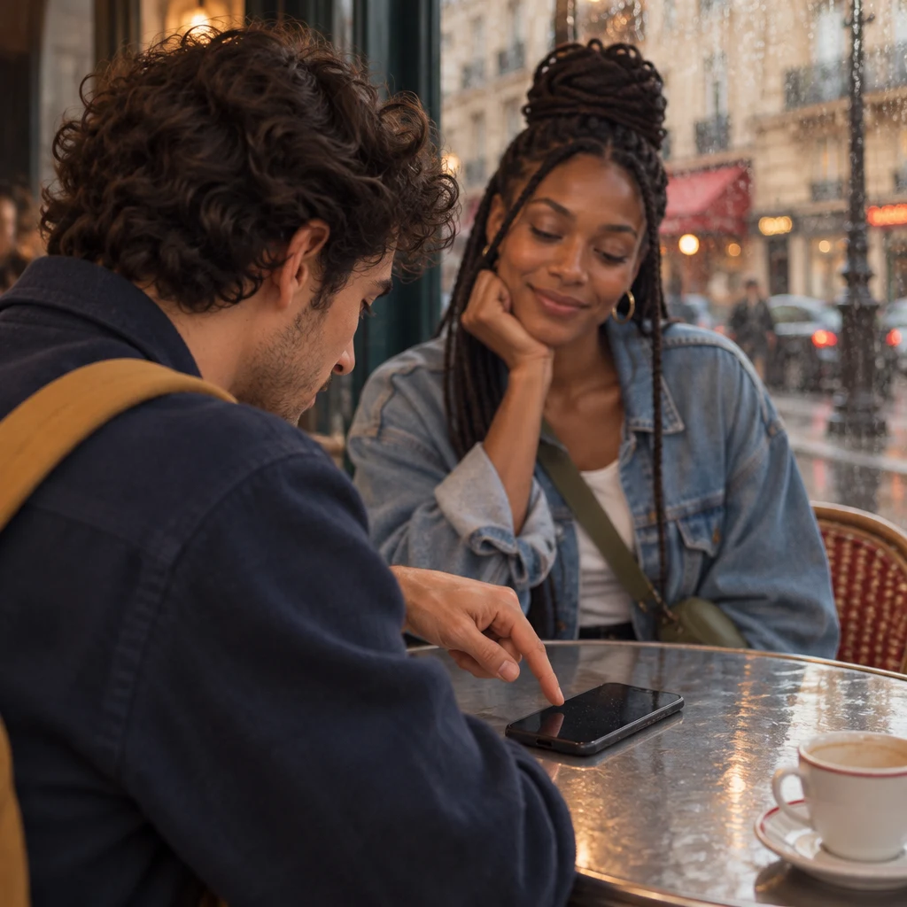 An over-the-shoulder view of Sam hunched toward a phone on the table and pointing at the blank screen, with Inès seated across.