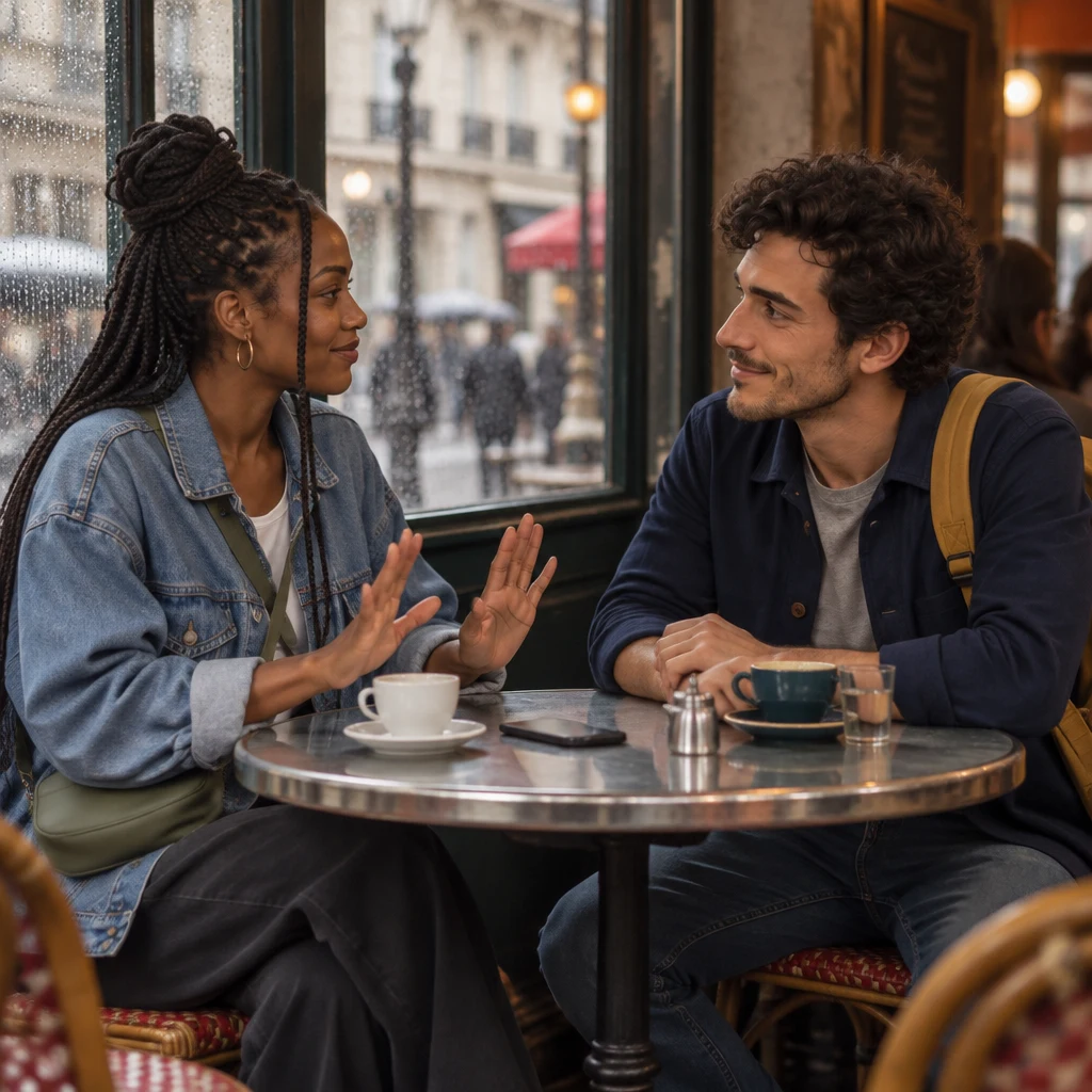 A side medium two-shot of Inès facing Sam with palms open in a cautioning gesture, the phone still on the table.