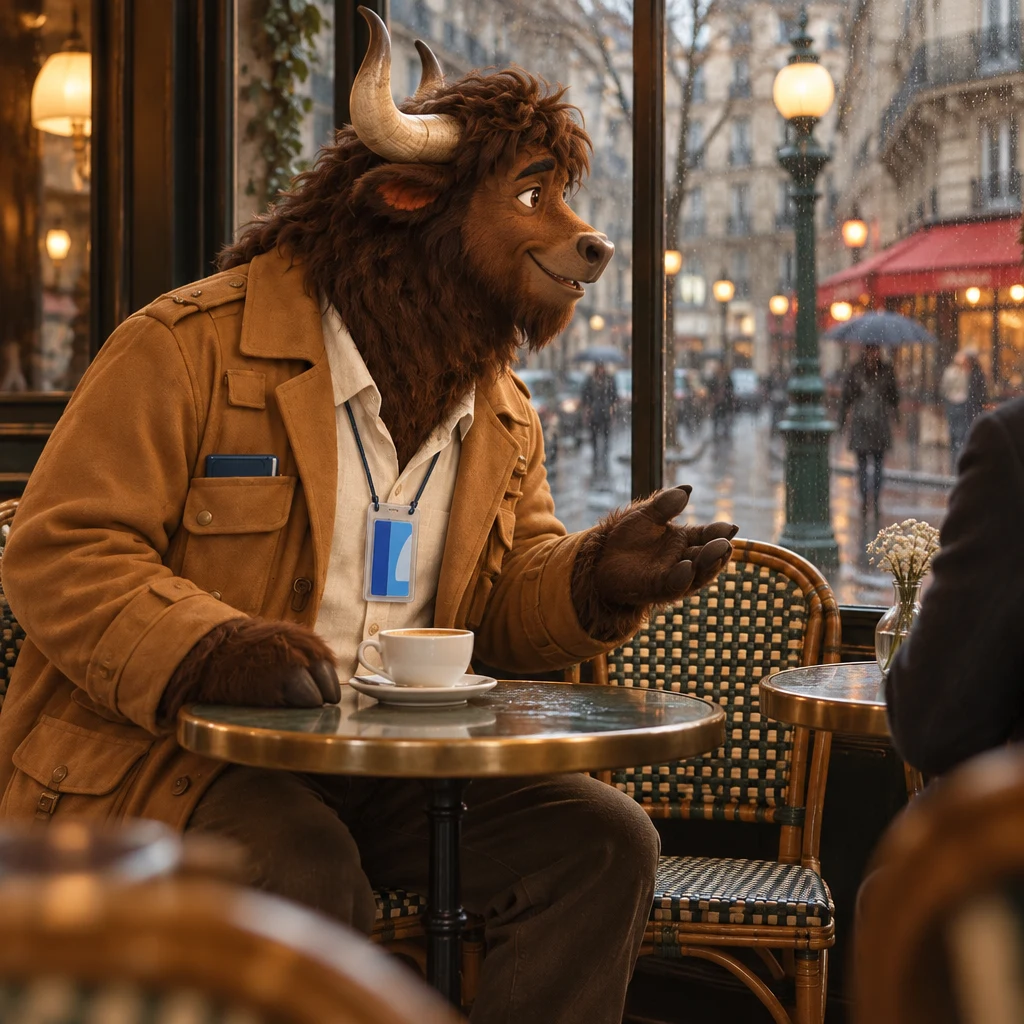 A profile of Gaspard on a pair of chairs, turning from a full cup toward the next table.