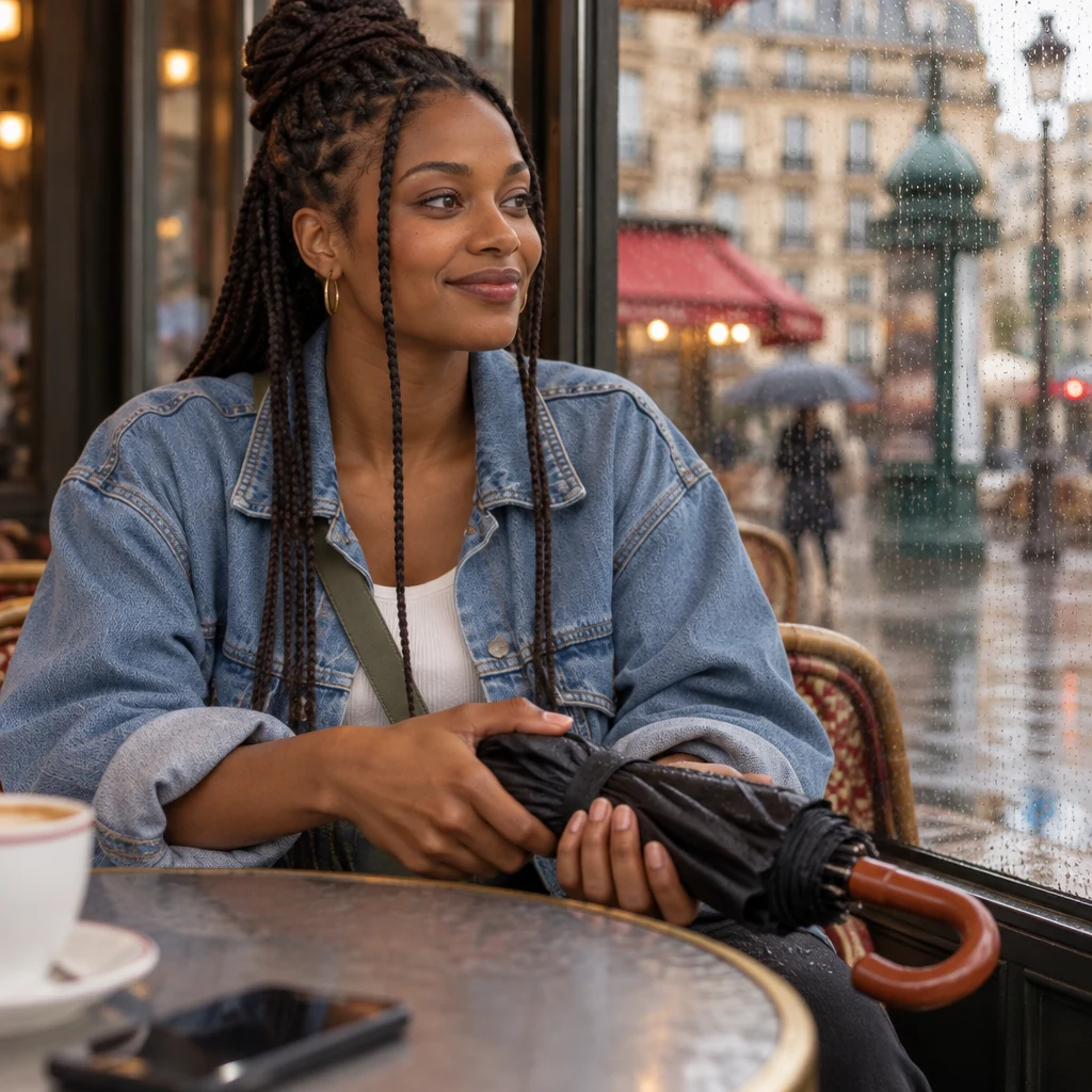 A close-up of a folded umbrella across Inès's lap, with Inès looking toward the other side of the table.