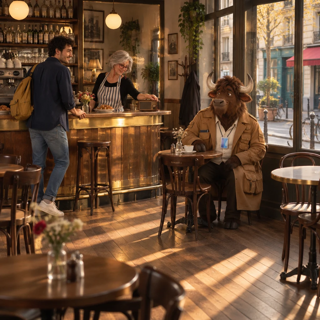 Wide café interior with Sam at the zinc, Odile by the radio, and Gaspard on two chairs at the next table.