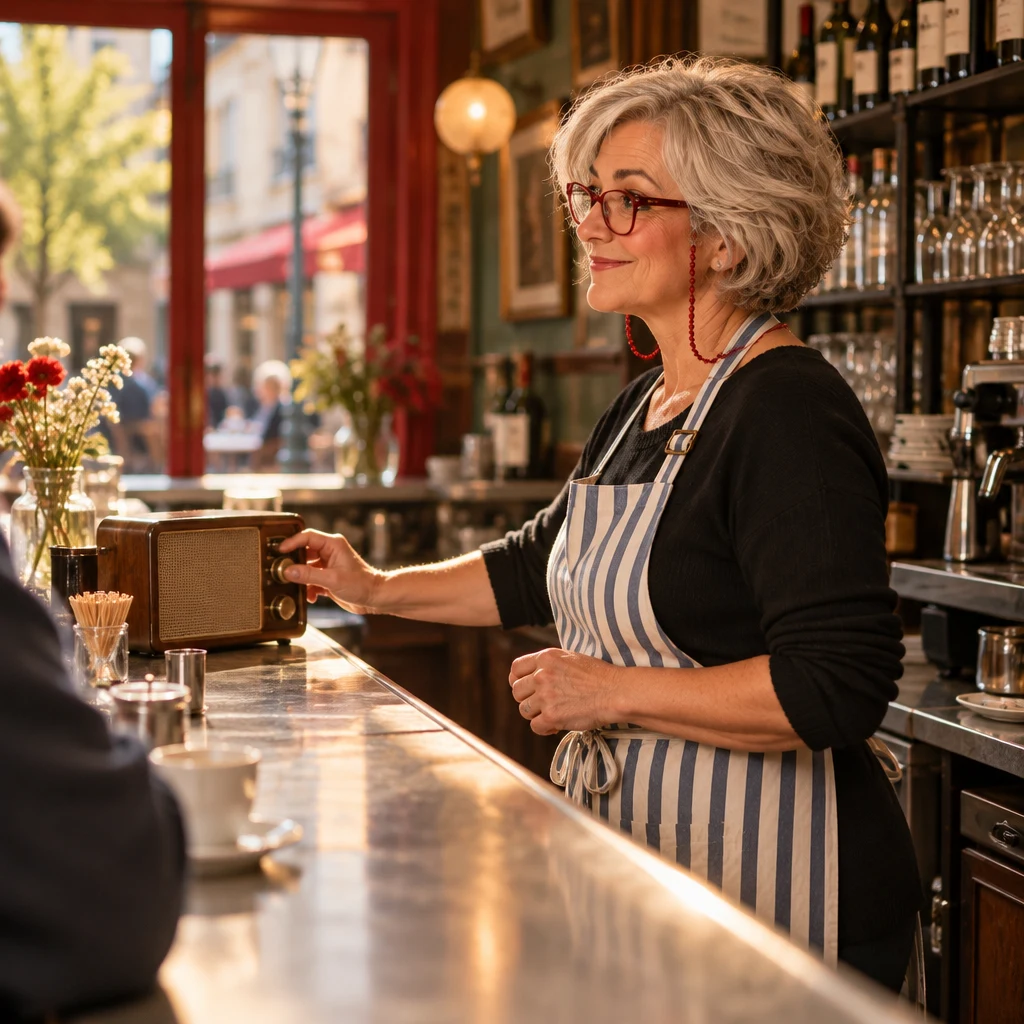 Profile of Odile behind the zinc with one hand on a small radio, turned toward a customer off-frame.