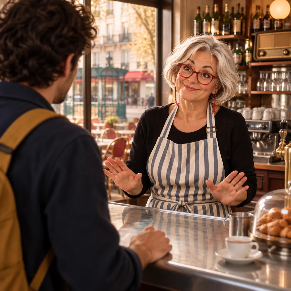 Over Sam's shoulder toward Odile behind the zinc, Odile answering with both hands open over the counter.