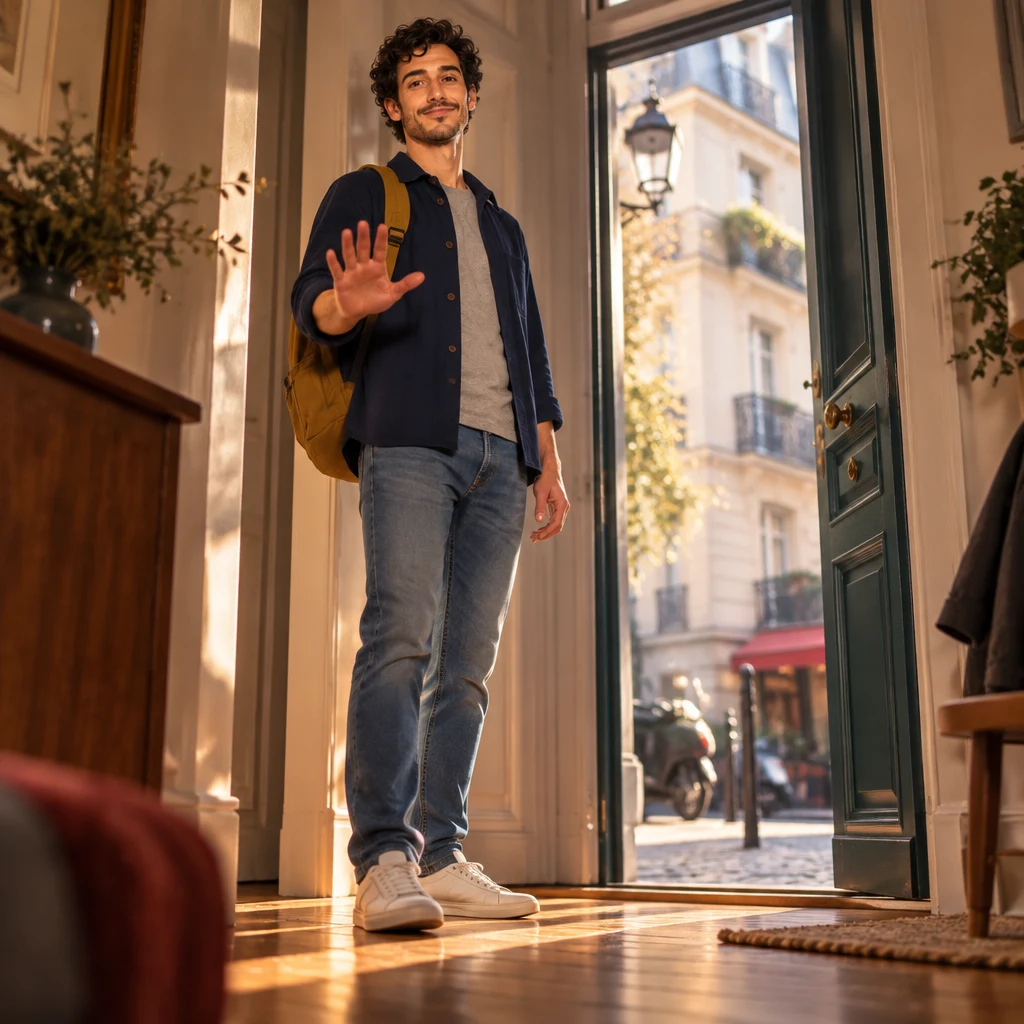 Low angle of Sam by the café door stepping back into the room with one palm raised in a staying-put gesture.
