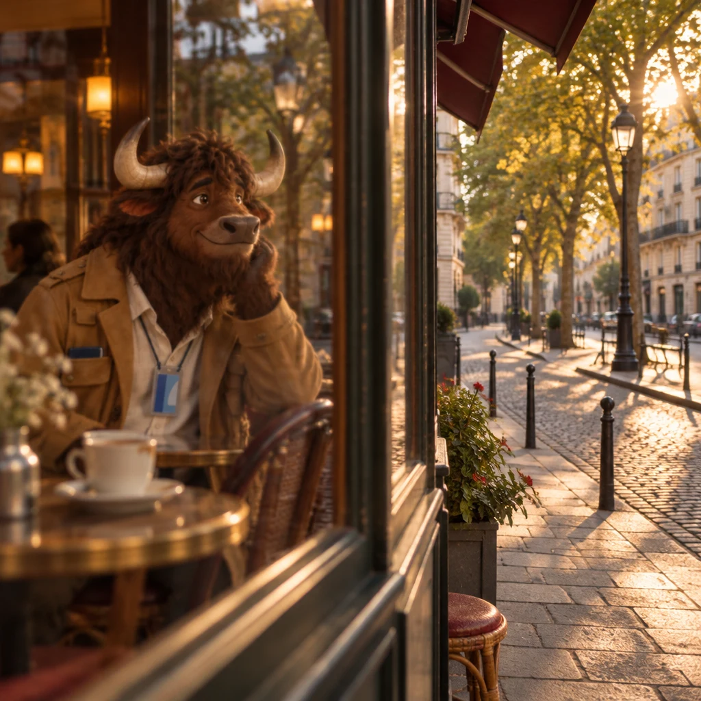 The café window and empty street, with Gaspard on two chairs kept soft in the background.