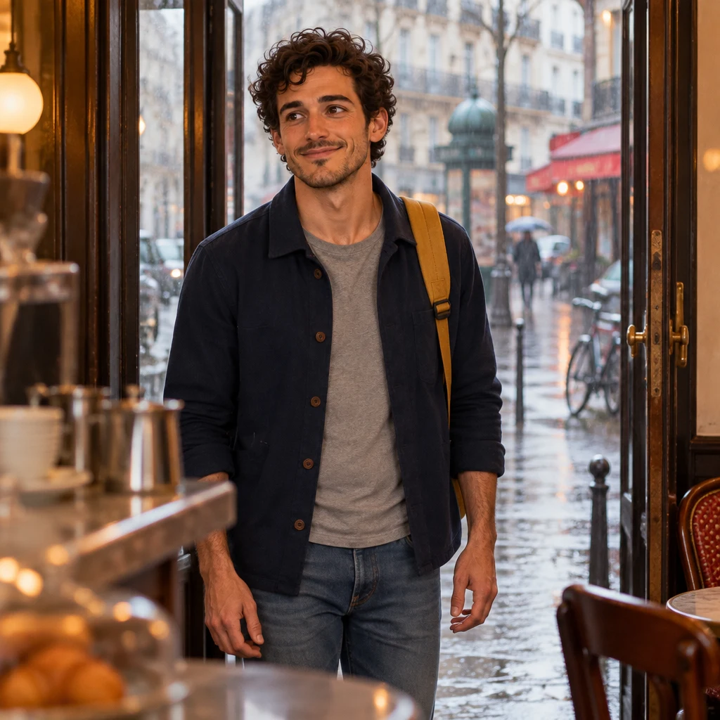 Sam stands just inside the café doorway with both hands empty and no umbrella, rain on the street behind Sam.