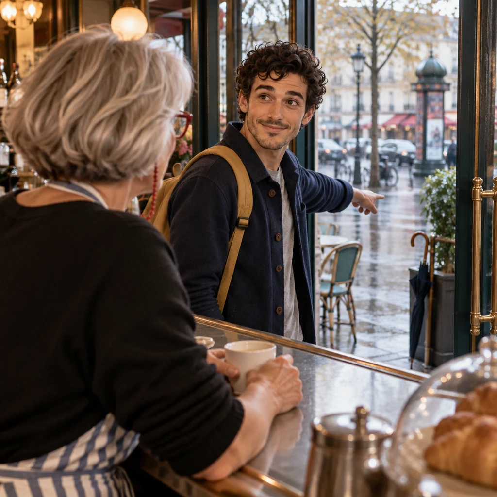 Seen over Odile's shoulder, Sam turns toward the open café door and points out at the wet street.