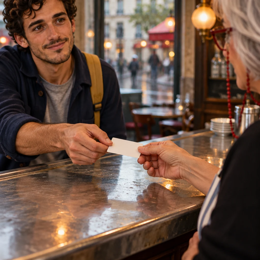 In close-up, Sam holds out a small blank unmarked card across the zinc and Odile reaches to take it.
