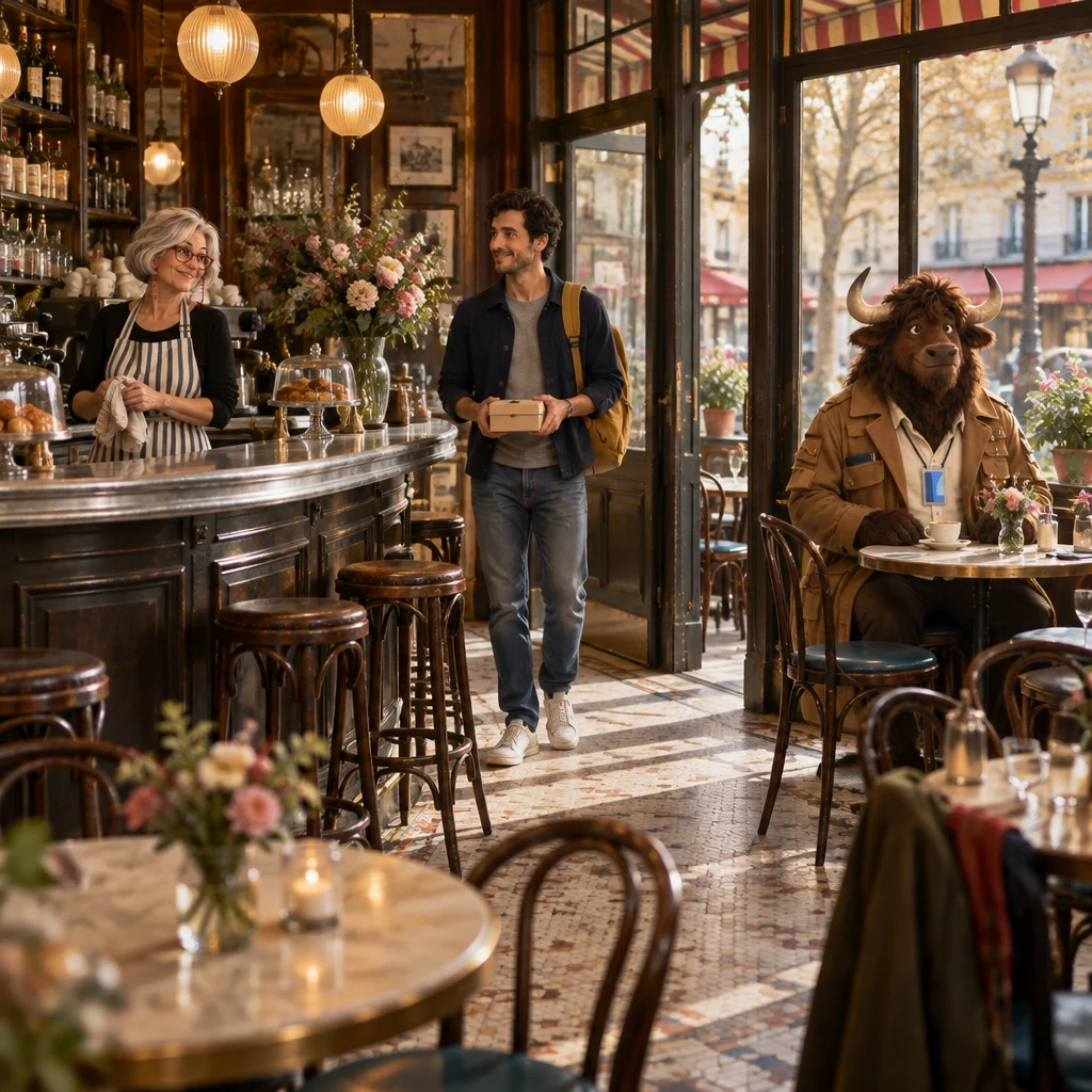 A dressed-up café in afternoon light with the lamps on, Sam holding a small bakery box, Odile looking up from the zinc counter, and Gaspard the yak sitting on two chairs near the window.