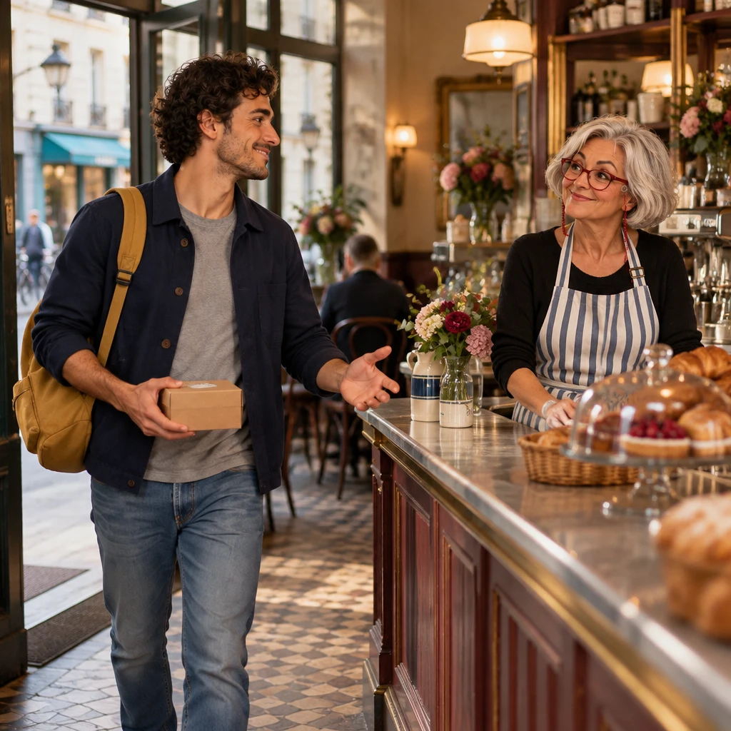 Sam entering the café and walking toward Odile at the zinc counter with a small bakery box, one hand raised in a greeting.