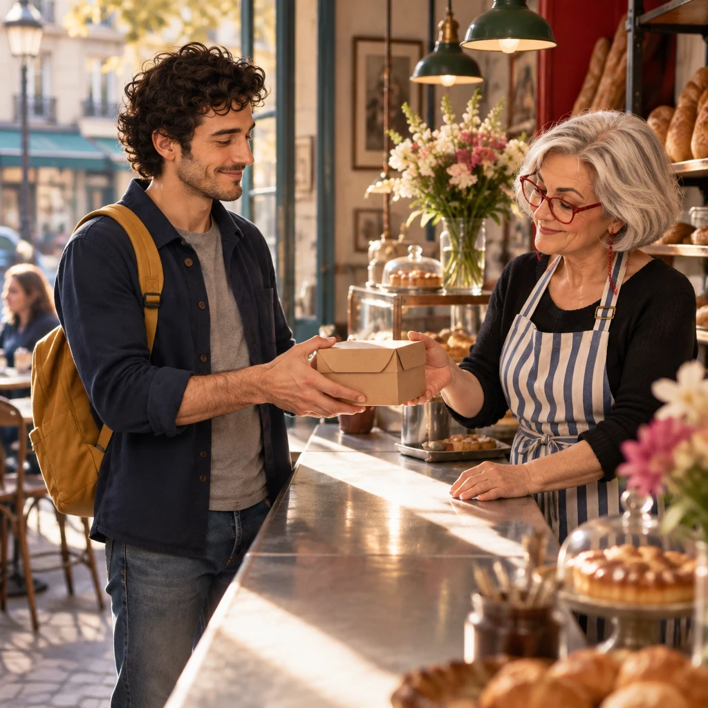 Sam standing at the zinc counter and holding the closed bakery box out so Odile can take it.
