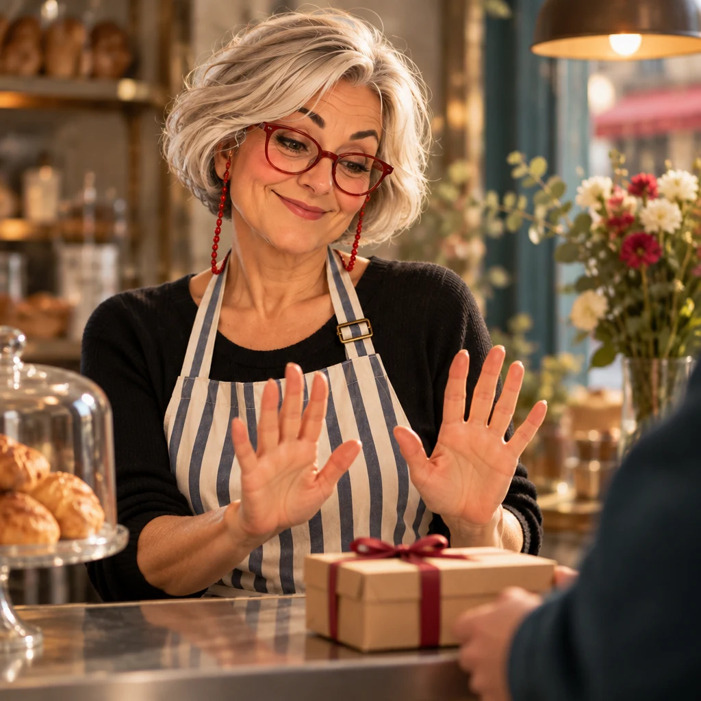 Odile at the zinc counter drawing back and lifting both palms toward the bakery box in a polite protest.