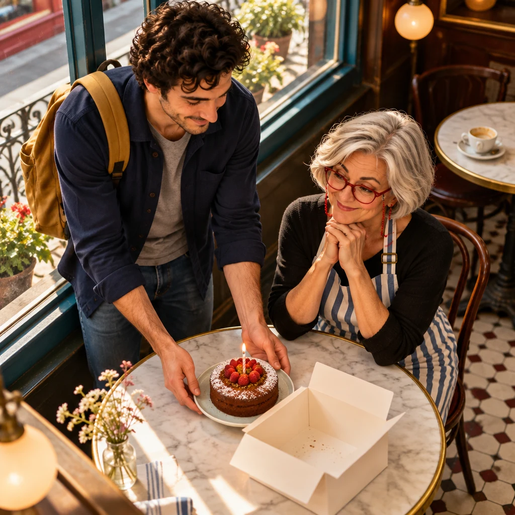 Sam lowering a small cake with a tiny candle onto Odile’s window table beside the open bakery box, seen from above.