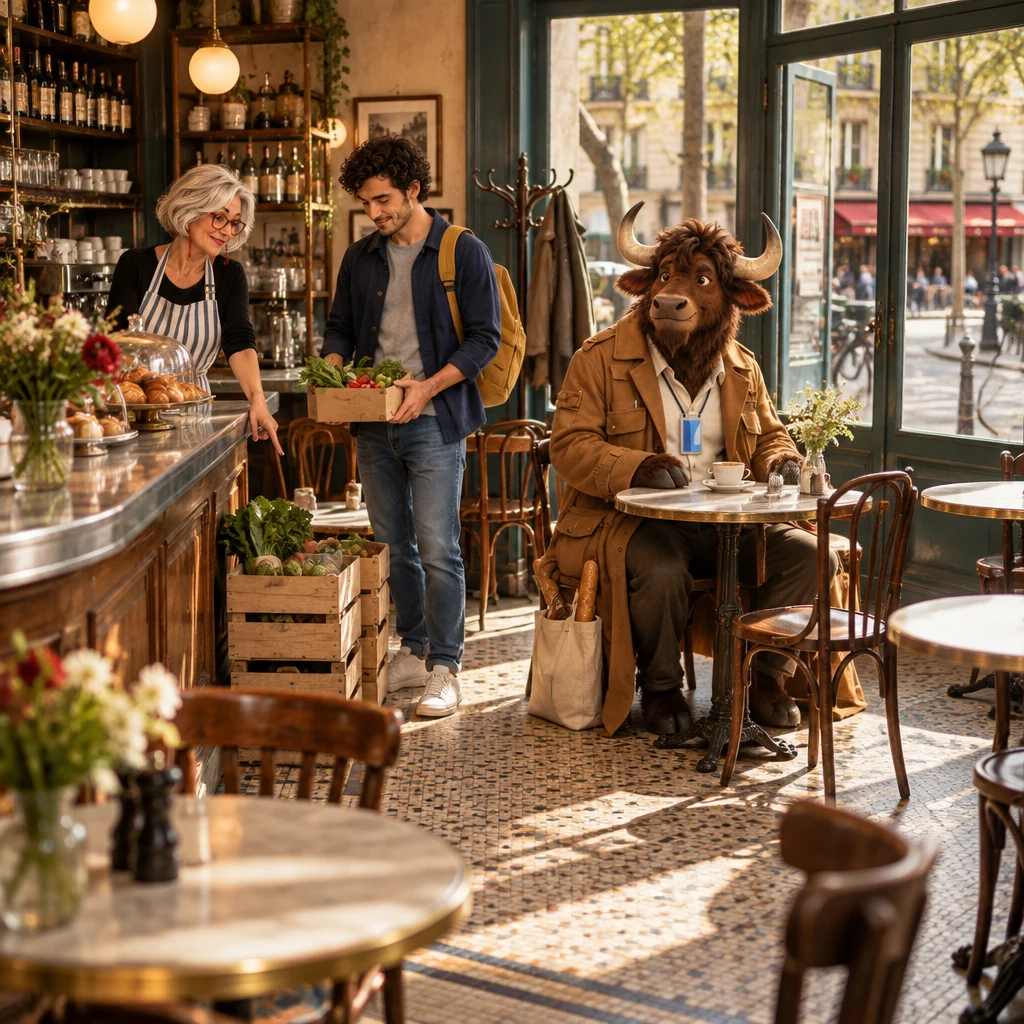 A wide late-morning café interior with an open crate by the zinc, Odile pointing, Sam beside it, and Gaspard at the next table.