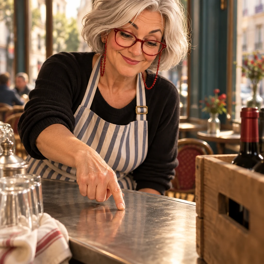Odile taps a clear spot on the zinc counter and points down at it, with a bottle still in the crate.