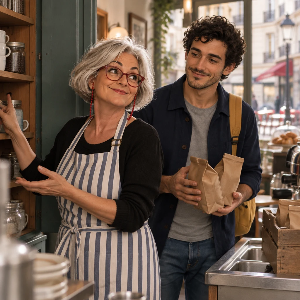 Odile stands at an open cupboard and gestures for Sam to put coffee packets on the shelves inside.