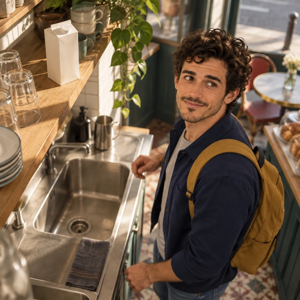 Sam has just placed a carton on the shelf above the sink and turns back from it.