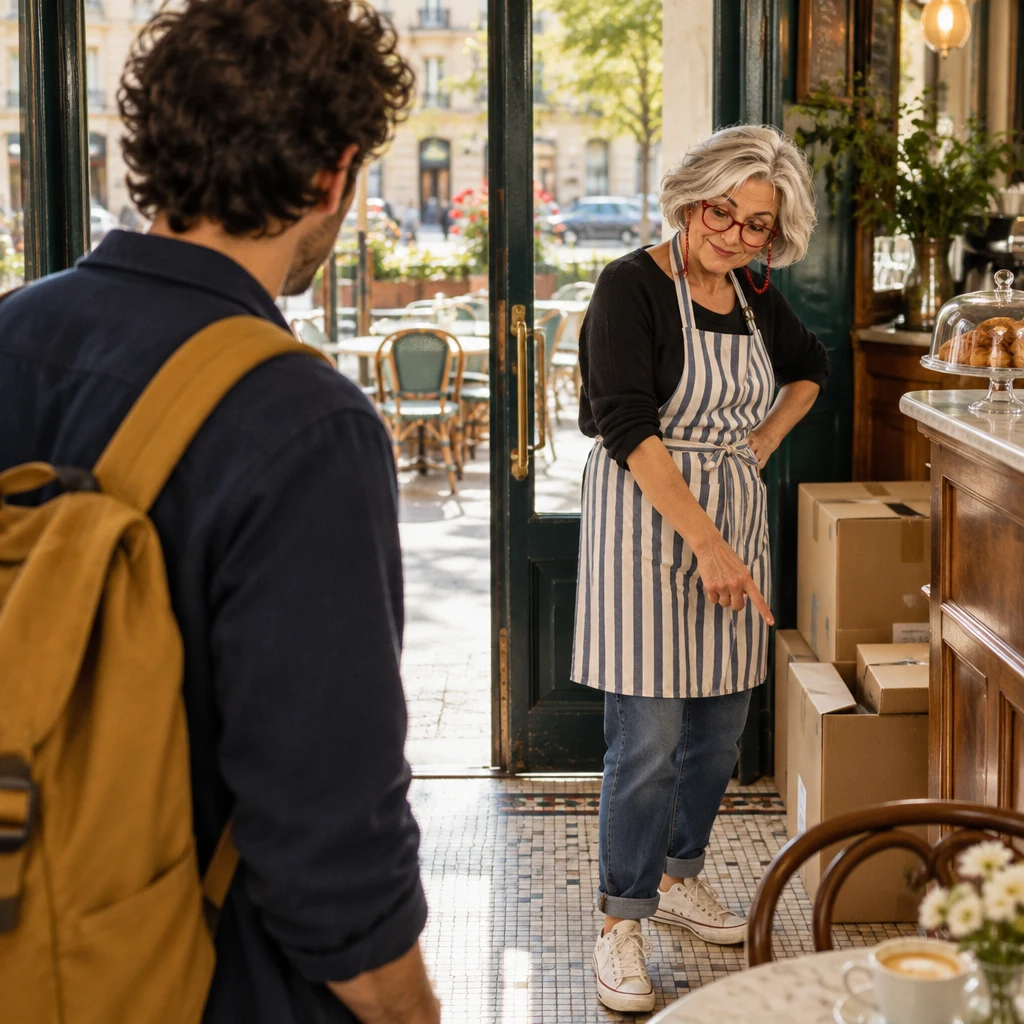 From over Sam's shoulder, Odile at the café door gestures toward the floor for empty boxes to be left there.