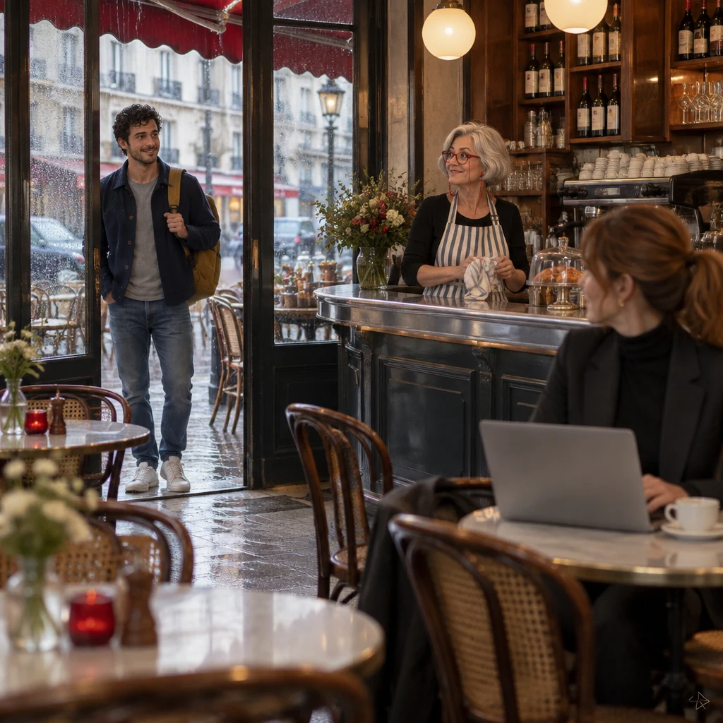 Sam drips in the café doorway onto the zinc while Odile looks up from the counter and Claire sits at a round table in the morning rain.