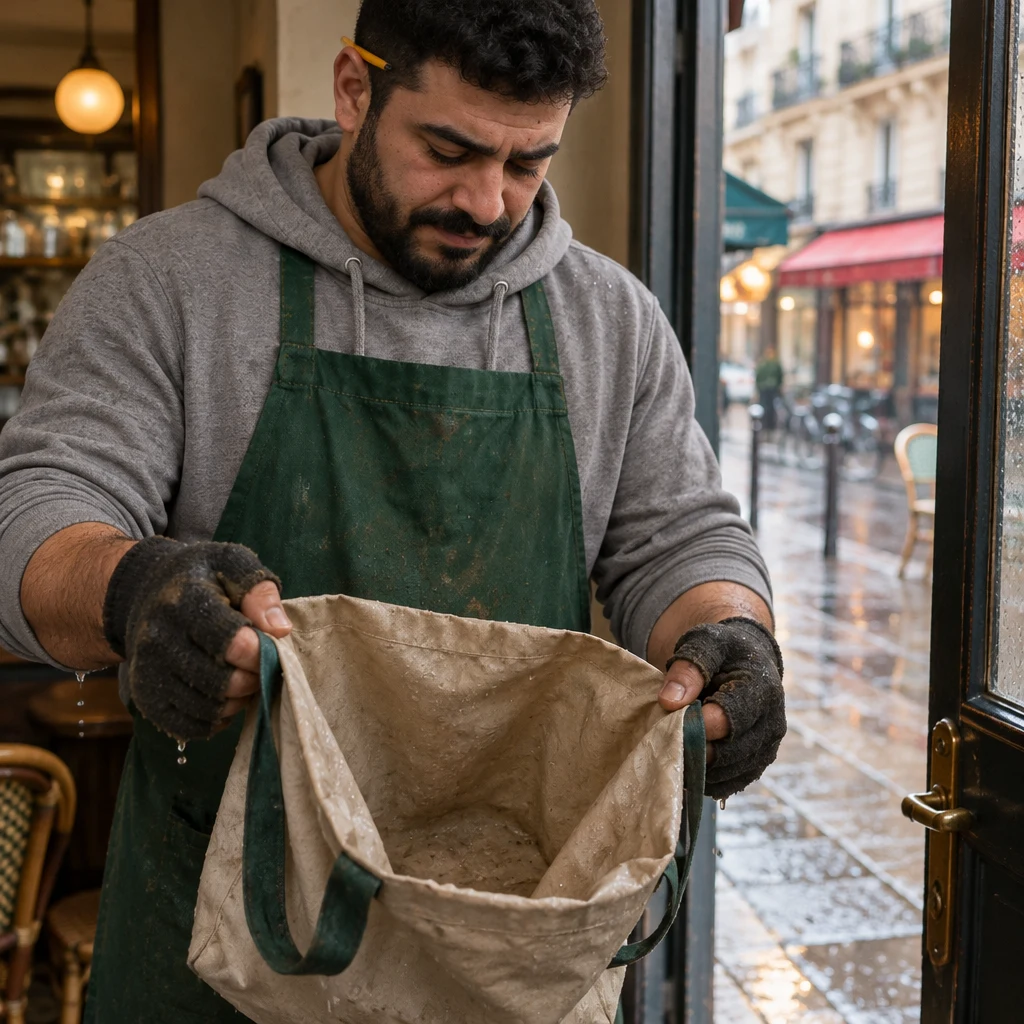 Karim holds an empty bag open just inside the café door and looks down into it.