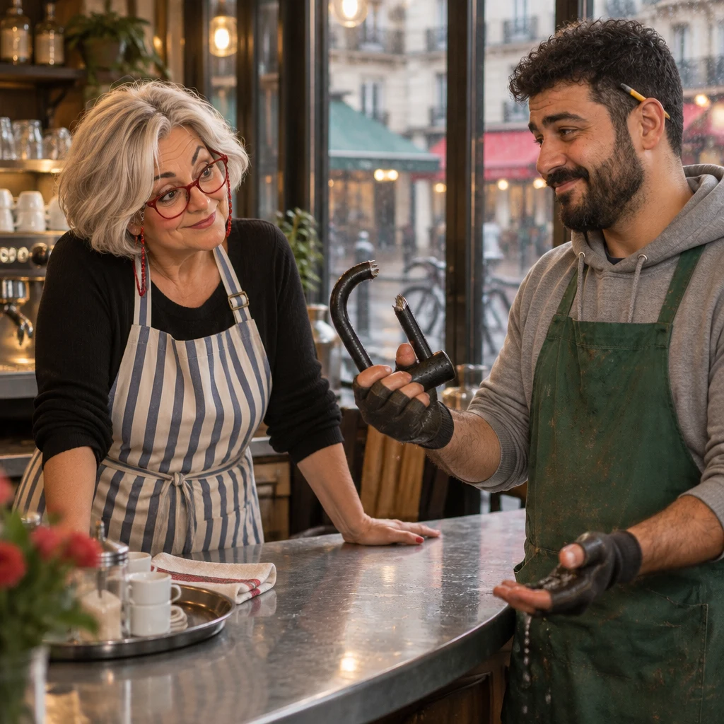 Odile and Karim face each other at the zinc as Karim holds out a lock that has already failed.