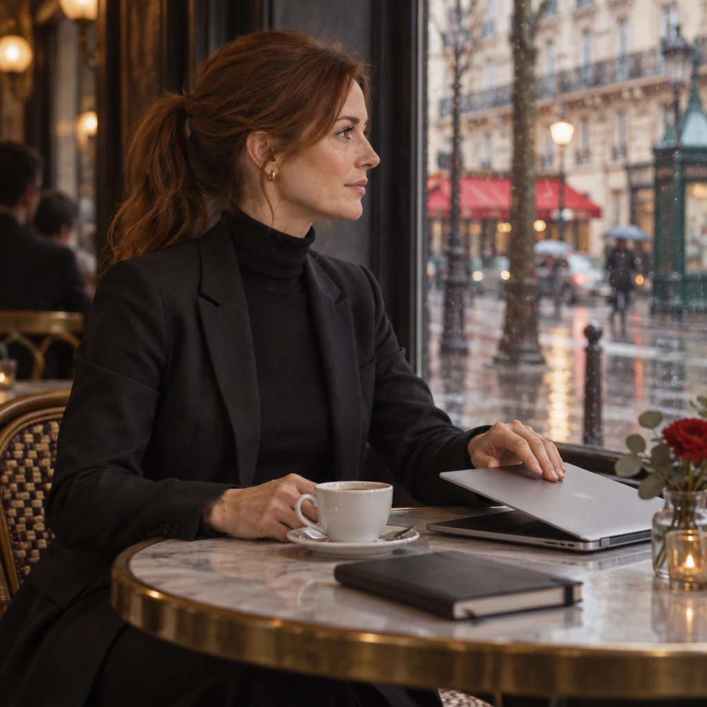 Claire sits in profile at a round table, closing a laptop after a cancelled meeting.