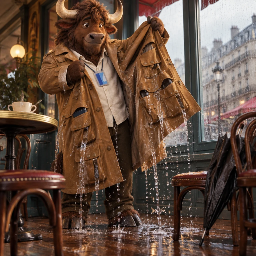 Gaspard stands by the window table and lifts a coat as water runs from every pocket.