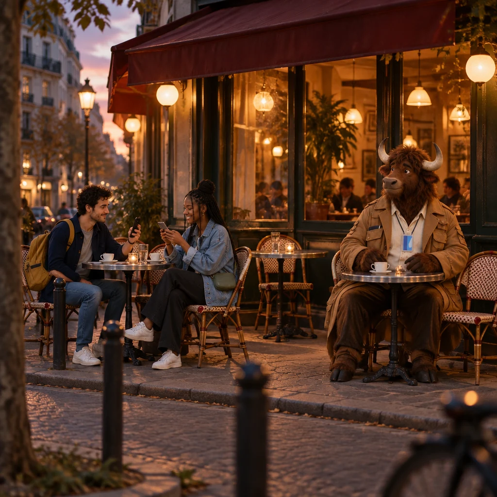 A wide evening terrace on rue des Tilleuls with Sam on his phone, Inès sitting down across from him, Gaspard on two chairs at the next table, and the window table empty.