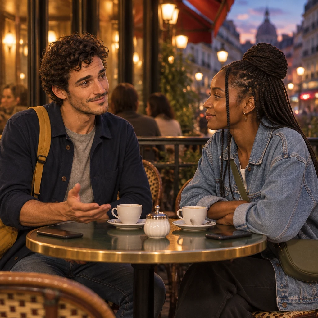 Sam and Inès sit across from each other at the evening terrace table as Sam lowers the phone and opens one hand, realizing the mix-up.