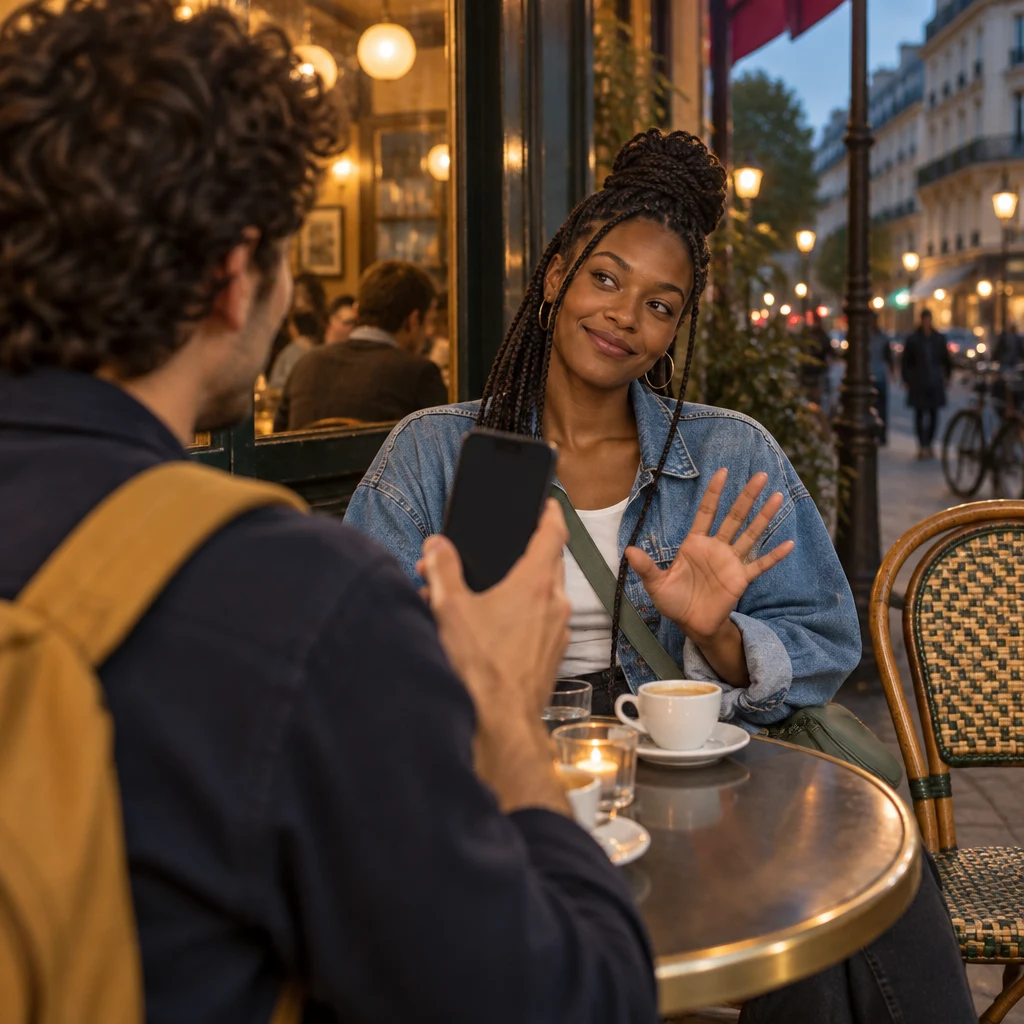 Over Sam's shoulder, Inès turns the phone aside and gestures that a different subject was meant.