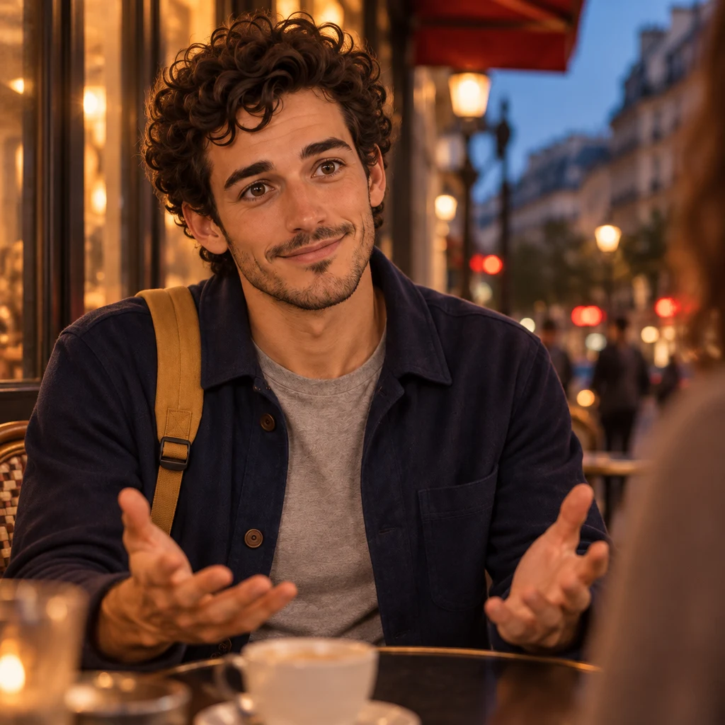 Close on Sam at the café table, both hands open in apology toward the opposite chair.